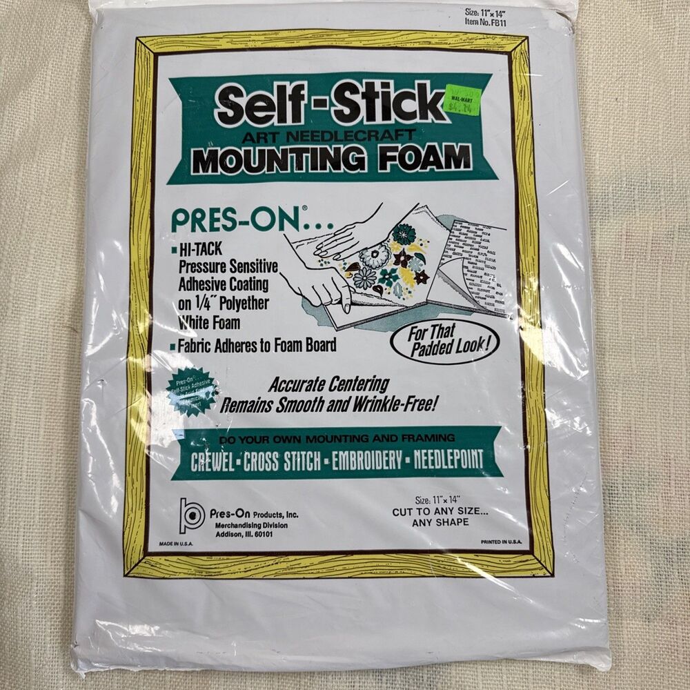 Vintage Pres-On Self-Stick Art Needlecraft Hi-Tack Mounting Foam 11”x14”